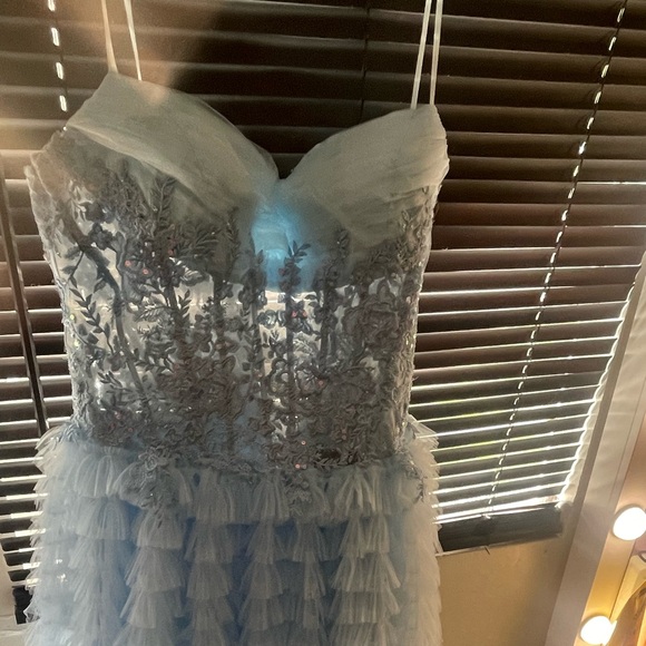 Long strapless blue ruffle prom dress with corset by Dave and Johnny. - Picture 3 of 4